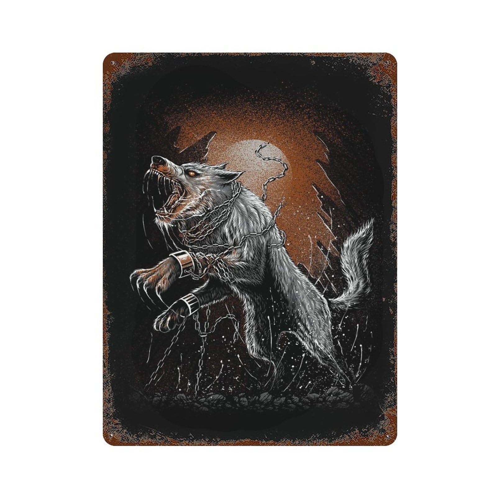 Viking Wolf Norse Fenrir Vintage Wall Sign 15.7"x11.8", Rust Effect Metal Decor for Cafe, Home Bar And Lounge Decor