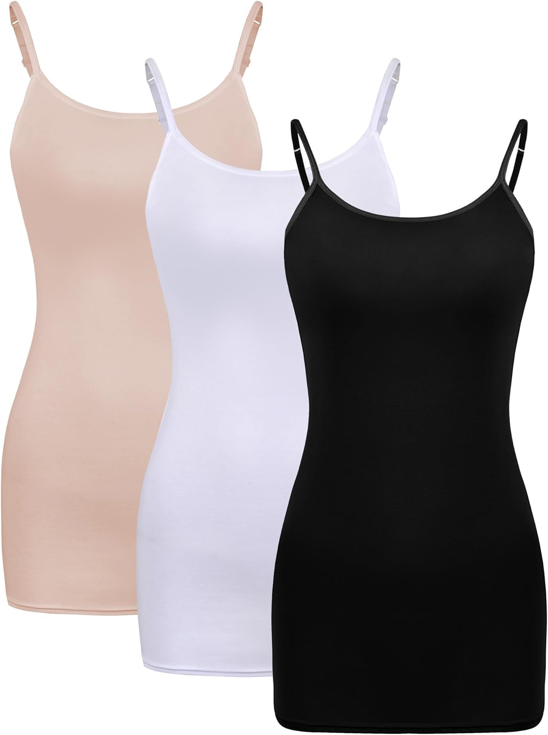 WILLBOND 3 Pieces Women Basic Long Tanks Adjustable Spaghetti Strap Camisole Top (Large, Skin Color, White and Black)