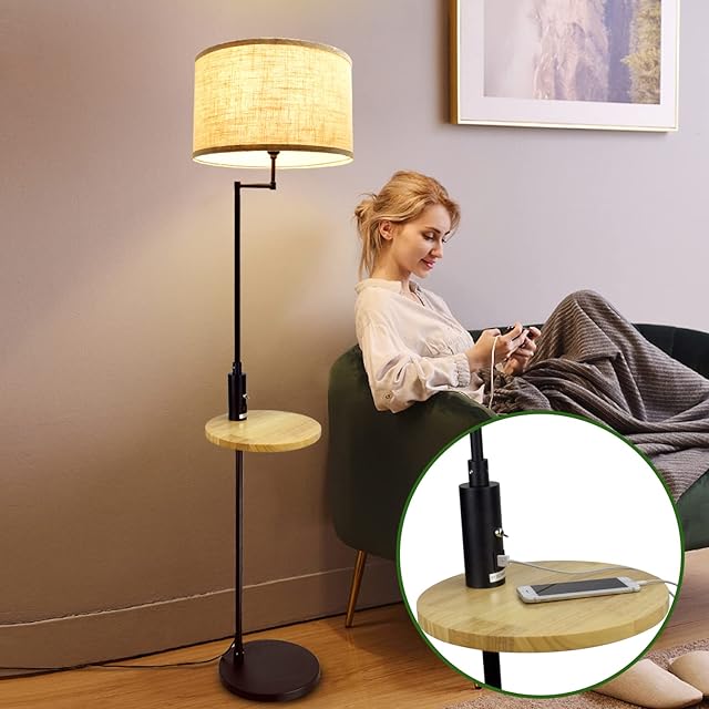 Depuley Modern Black LED Floor Lamp with Wooden Storage Shelf, 3000K Warm White, Builted-in USB Port Standing Reading Lamp, Eye-Caring LED Floor Pole Light for Living Room, Bedroom(9W E27 Bulb Incl)
