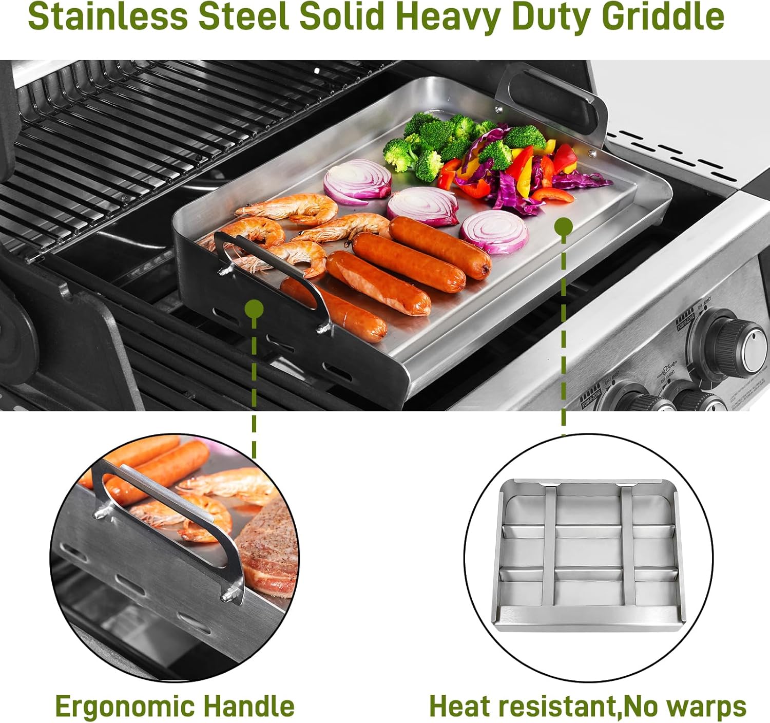 Upgraded Griddle for Gas Grill, Flat Top Griddle with Non-Stick, Heat Evenly Stainless Steel Griddle, Heat Resistant, No warps, Perfect for Gas/Charcoal Grill, Camping, Tailgating Parties - 16"X12"