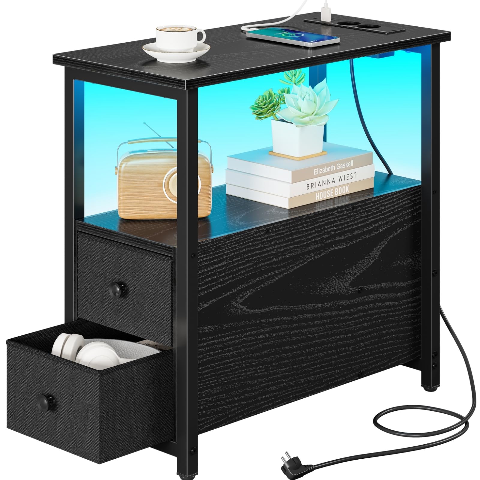 Table d'appoint étroite avec 2 tiroirs en tissu et prises intégrées Rolanstar