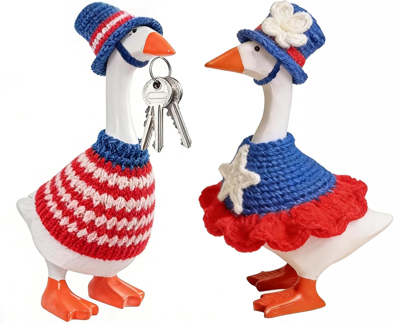 7 Inch Desk Goose Outfits, 2 Sets Independence Day Couple Desk Goose Costumes Accessories, Festive Knitted Desktop Geese Decor Magnetic Goose Statue Clothes, 4th of July Home Office Table Decor Gifts