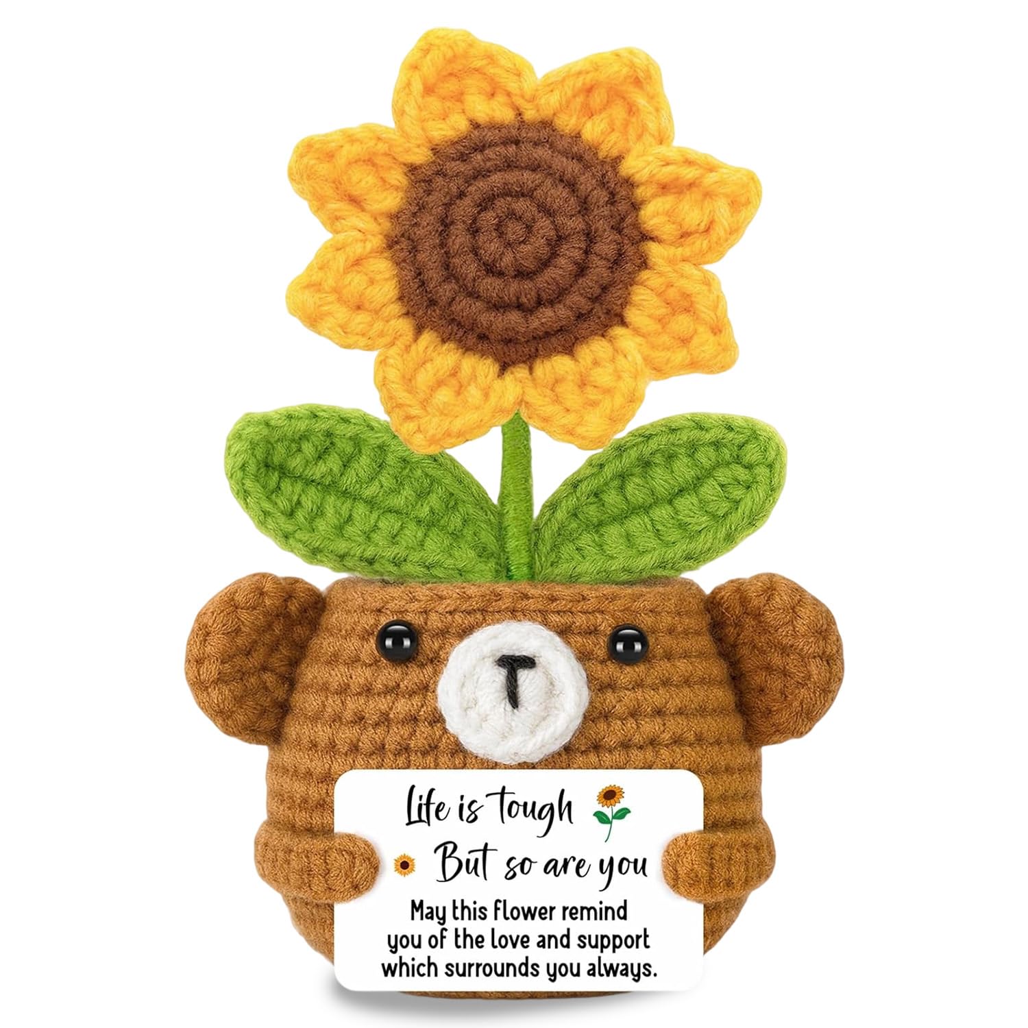 Emotional Support Crochet, Bear Design Crochet Sunflower with Card, Wool & Cotton Emotional Support Gift for Encouragement and Comfort Desk Decor, Crochets Plant for Friends, Coworkers, Loved Ones