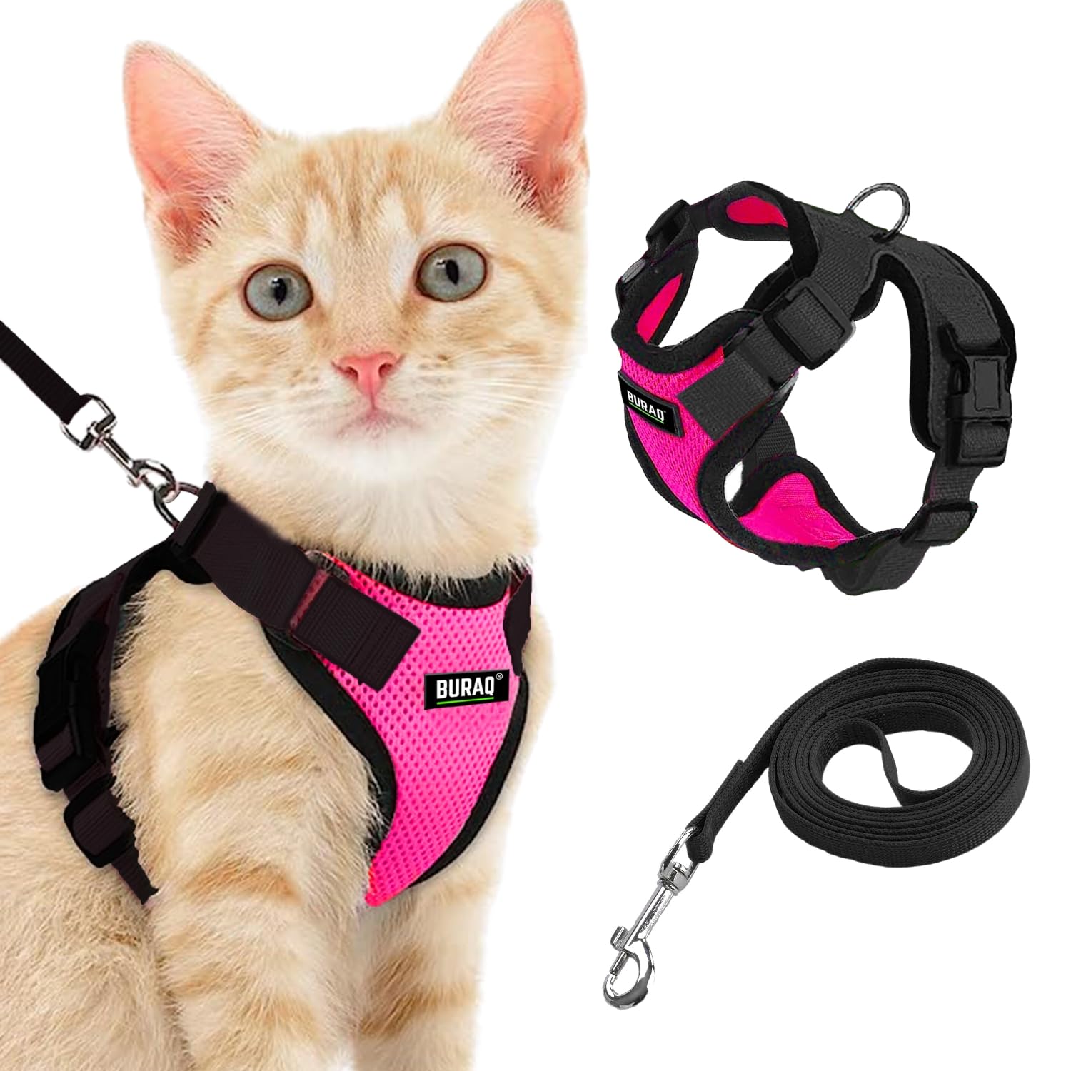 Buraq No Pull Cat Harness with Leash, Escape Proof, Ultra-Light Weight, Air Mesh Fabric, Aesthetic Design Adjustable Cat Leash with Harness (S - Pink)
