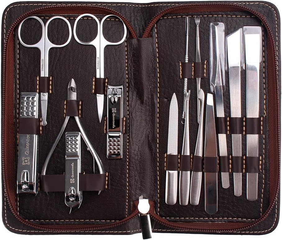 Stainless Steel Nail Manicure Set of 15 Nail Kit Pedicure Tools with a Brown PU Leather Case