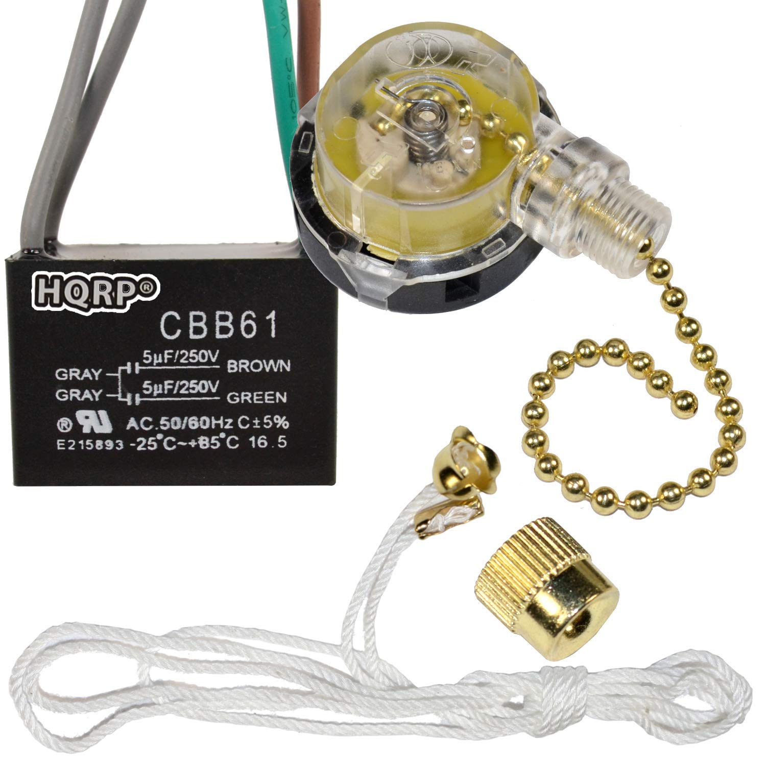 HQRP Kit Ceiling Fan Capacitor CBB61 5uf+5uf 4-Wire UL Listed and 3-Speed Fan Switch