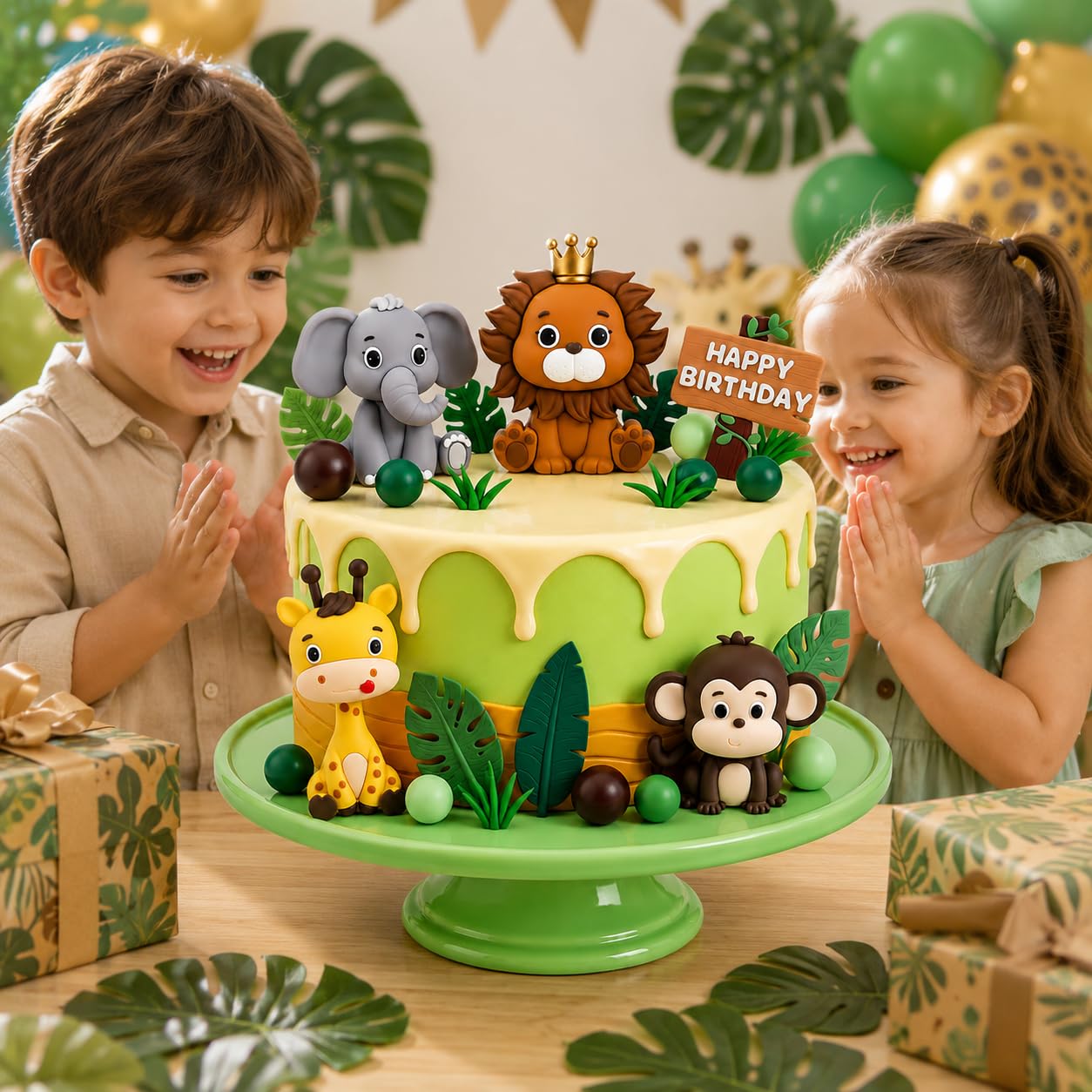 Dekoracja na tort, dżungla, safari, 19 sztuk, na urodziny dziecka, lew, żyrafa, małpa i słoń, idealna dekoracja na imprezę tematyczną safari, baby shower i urodziny, zwierzęta urodzinowe