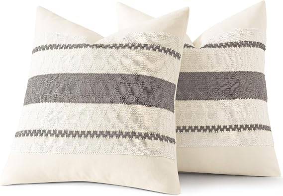 Set of 2 Decorative Pillow Covers Boho Farmhouse Couch Throw Pillows Modern Cotton Cushion Covers Macrame Woven Spring Home Decor for Bed Sofa Chair 18x18 Inch Gray