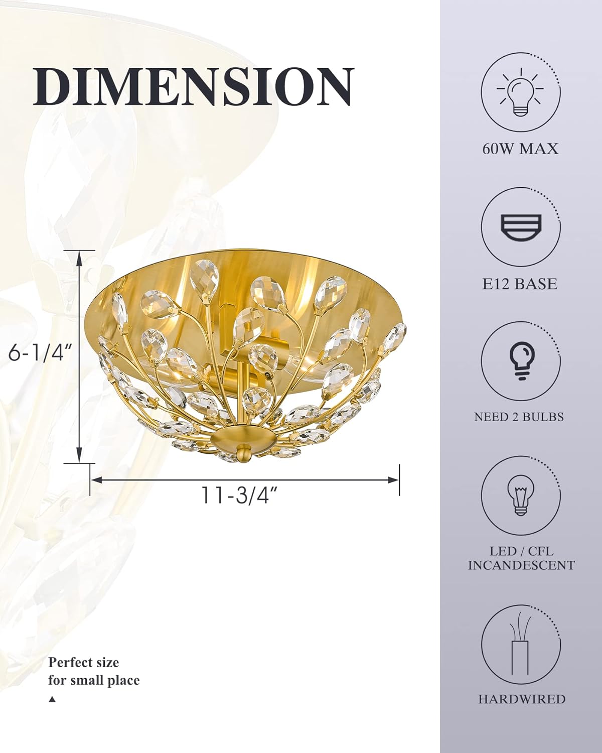 12 Inch Crystal Flush Mount Ceiling Light, Gold Light Fixtures Ceiling Mount, Modern Flower Close to Ceiling Lighting for Living Room, Dining Room, Bedroom, Kitchen, Hallway, Entryway, XDD012-2-G-1