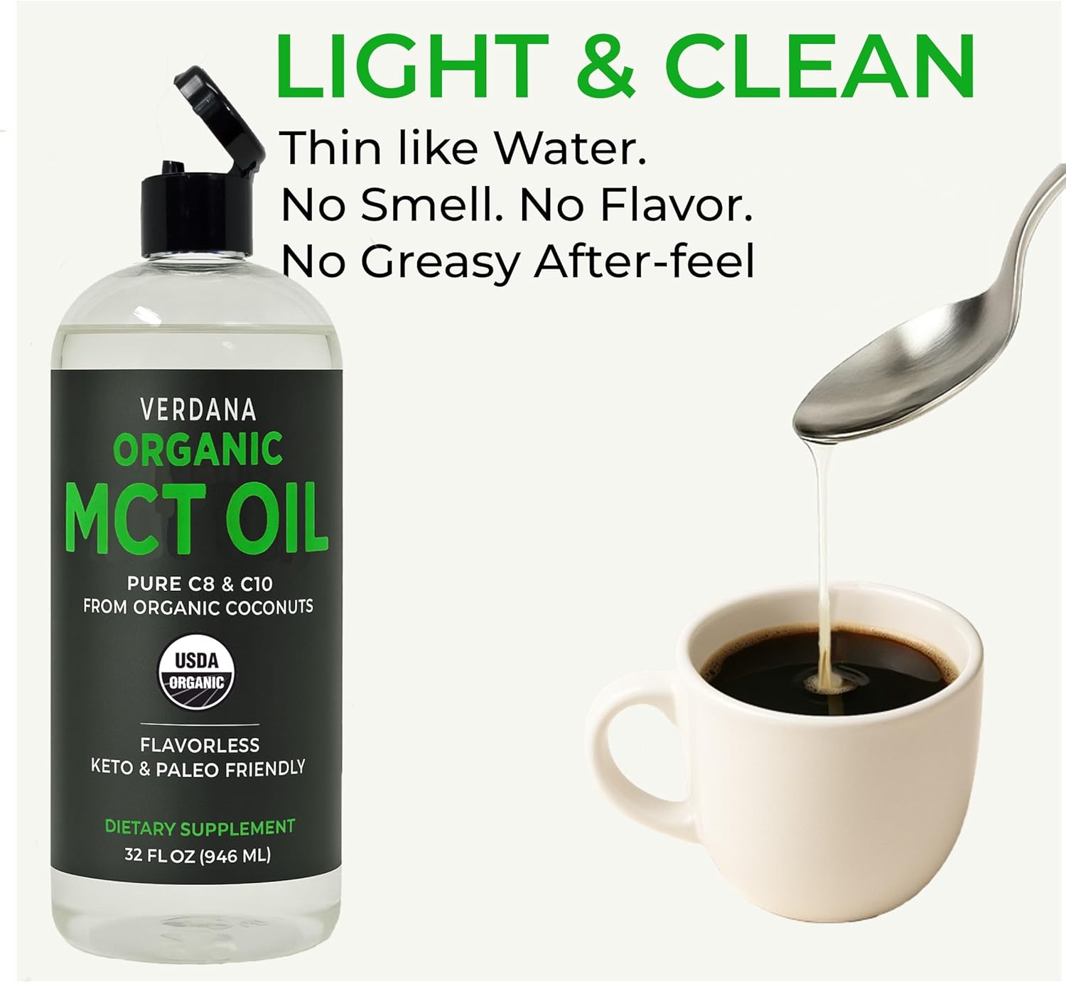 Verdana Organic MCT Oil, 32 fl oz – Pure C8 & C10 from Organic Coconuts, Flavorless MCT Oil for Coffee & Smoothies, Keto & Paleo Friendly, Non-GMO, Kosher, Dietary Supplement - Image 4
