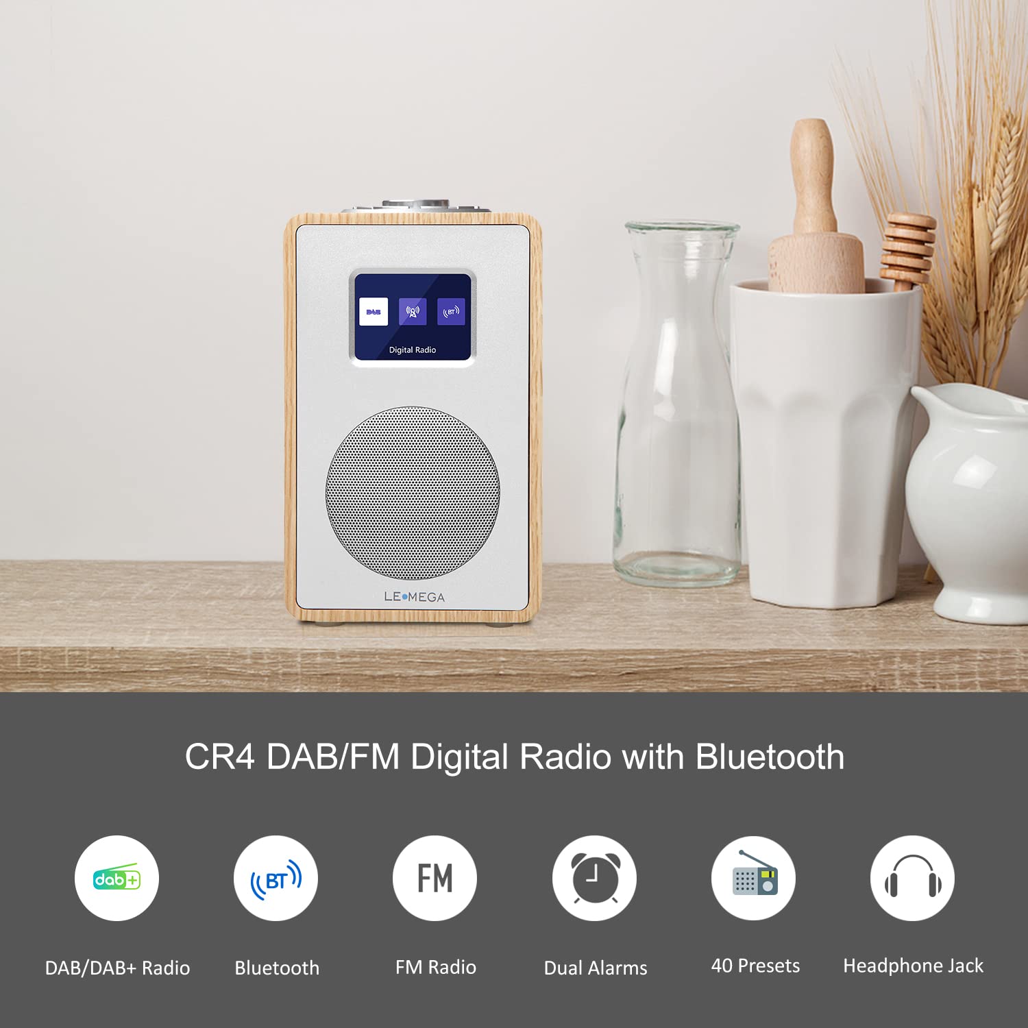 LEMEGA Radio digitale CR4 DAB/DAB+ FM Bluetooth, doppia sveglia, timer, display a colori, bianco