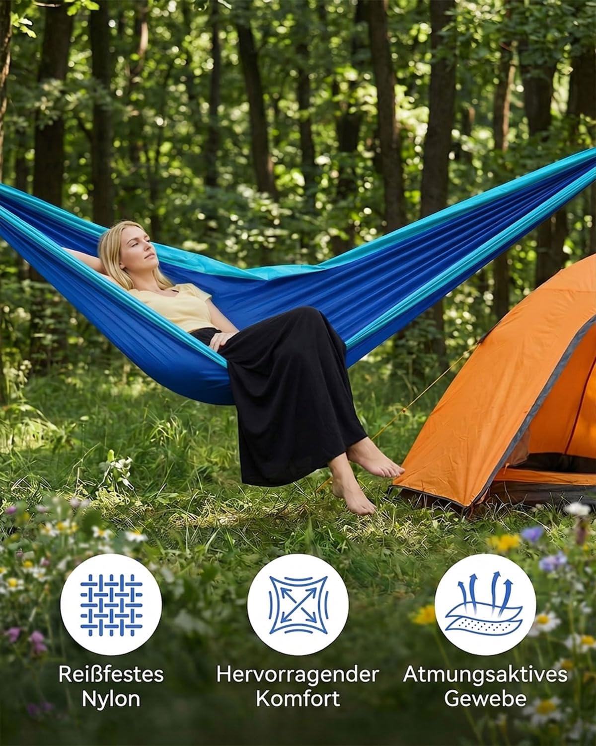Camping Hängematte Outdoor, Ultraleichte Tragbare Hängematten mit Karabinern und Baumgurten, Campingausrüstung für Kinder, Nylon Reisebaum Hängematten für Garten Wandern Draußen, 270 x 140 cm(Blau)