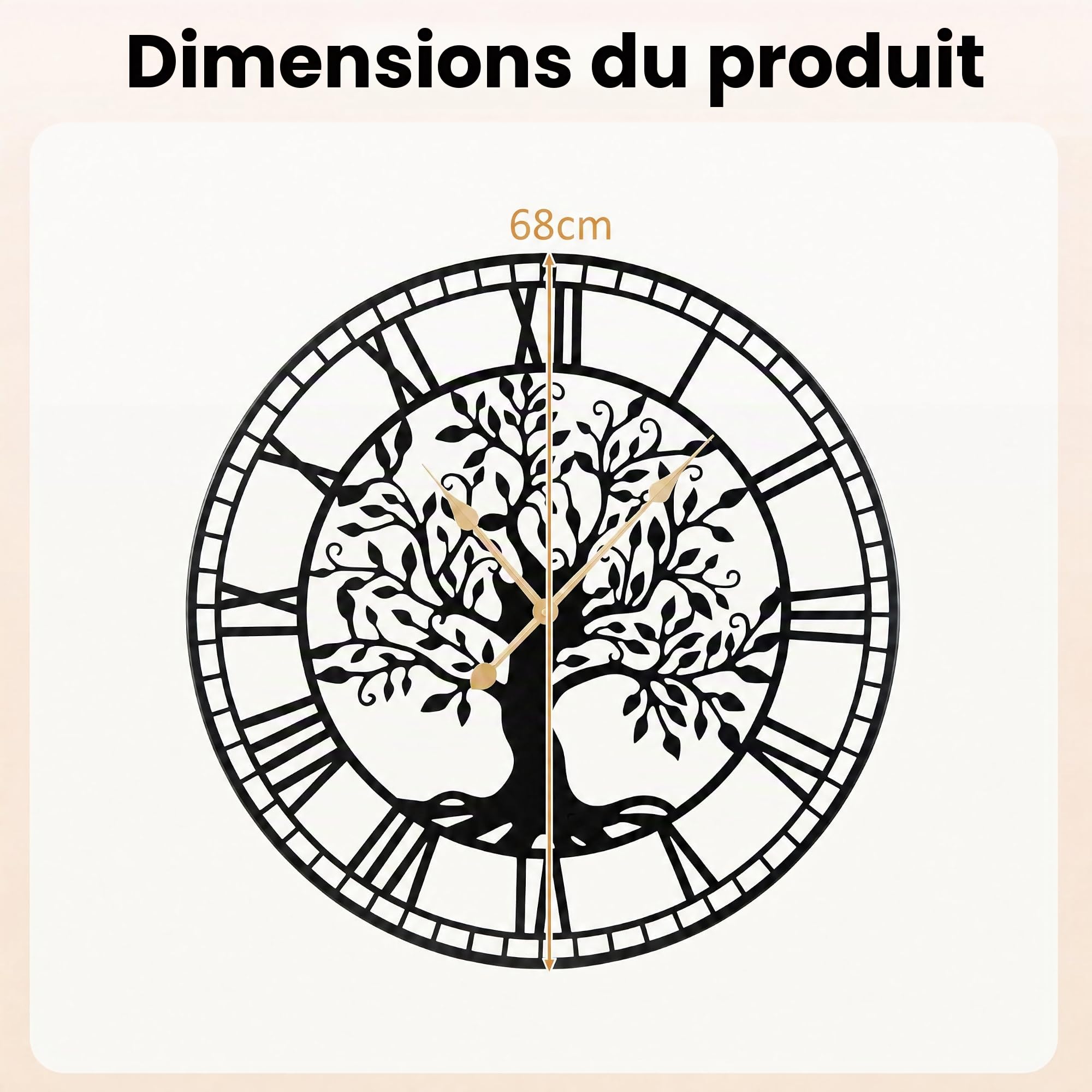 LIFEZEAL Grande Horloge Murale Silencieuse 68 cm, Horloge Murale Design Moderne Arbre de Vie en Métal, Pendule sans Tic-Tac à Piles, Décoration Murale pour Salon, Chambre, Bureau (Style1)