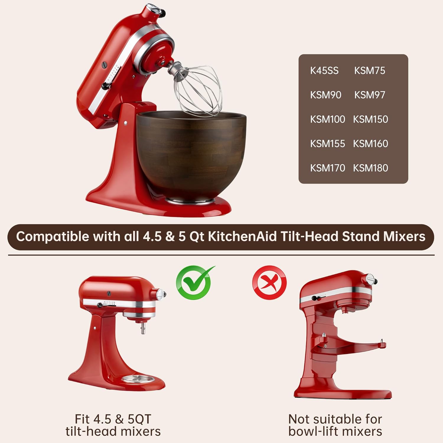 Premium American Walnut Wood Mixing Bowl, Compatible with Kitchen Aid 4.5 & 5 Qt Tilt-Head Stand Mixers, Wooden Mixing Bowls for Mixer with Stainless Steel Locking Base, Natural True Walnut