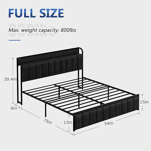 Miniatura 10 de VECELO Base de cama matrimonial, cabecera tapizada de almacenamiento con estación de carga, marco de cama de plataforma, listones de metal