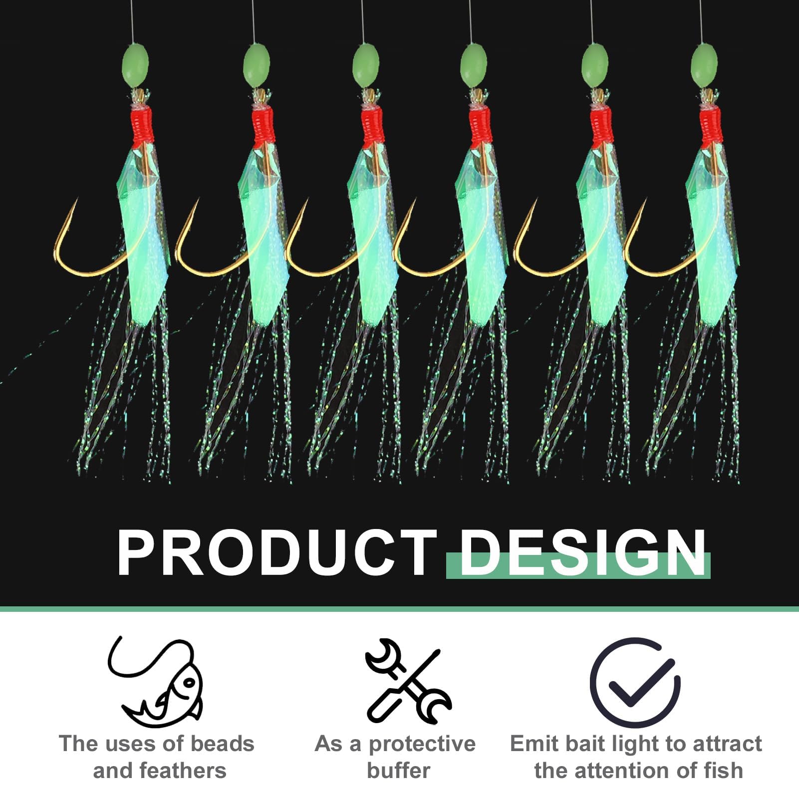 Pack de 6 Aparejos de Pesca para Mar con 36 Anzuelos, Plumas Luminosas, Acero Resistente, Cebo Biónico Imitación Insecto