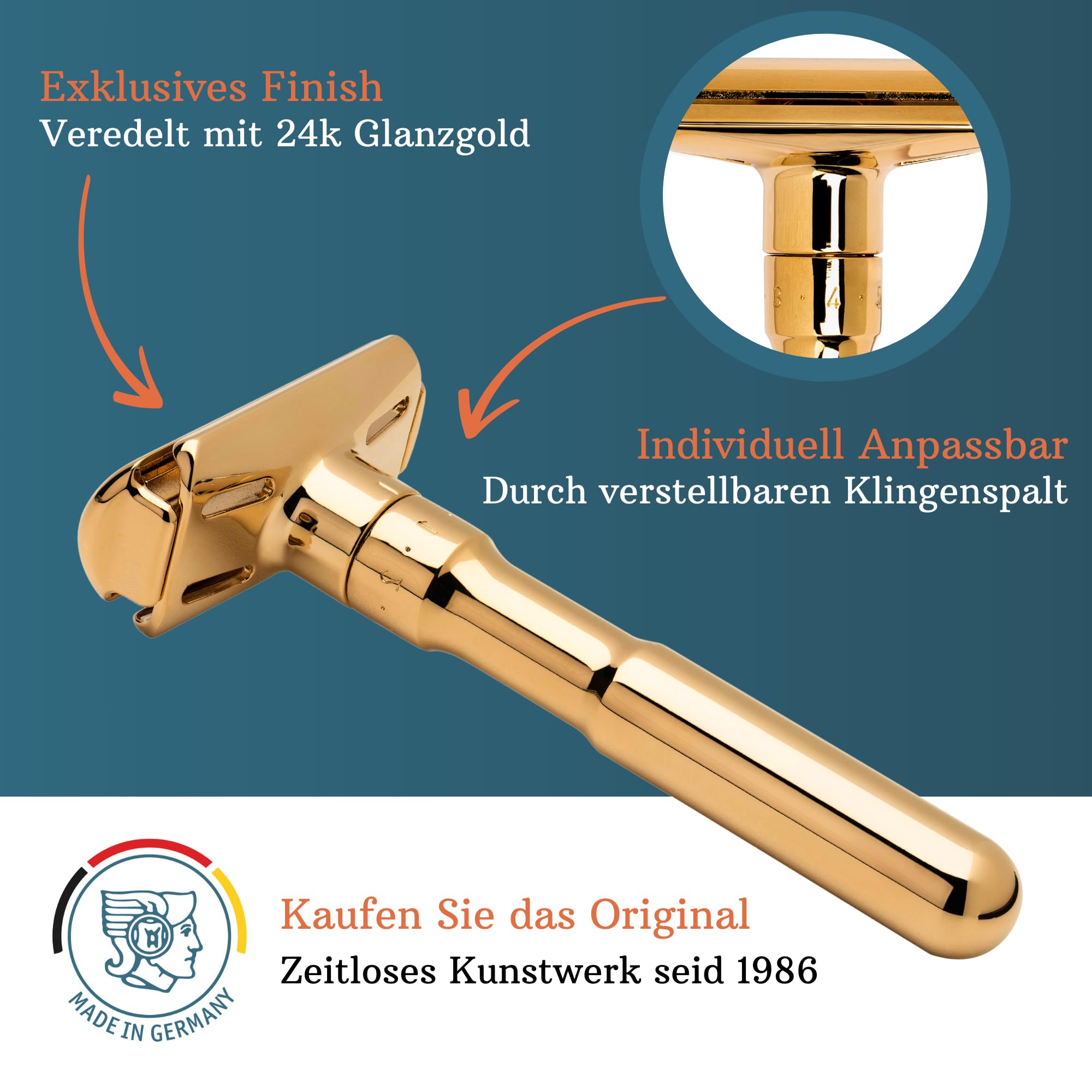 MERKUR Glanzgold 702003 - Maquinilla de afeitar (2 piezas, corte recto, ideal para afeitado en húmedo, zinc fundido, mango de latón, fabricado en Alemania