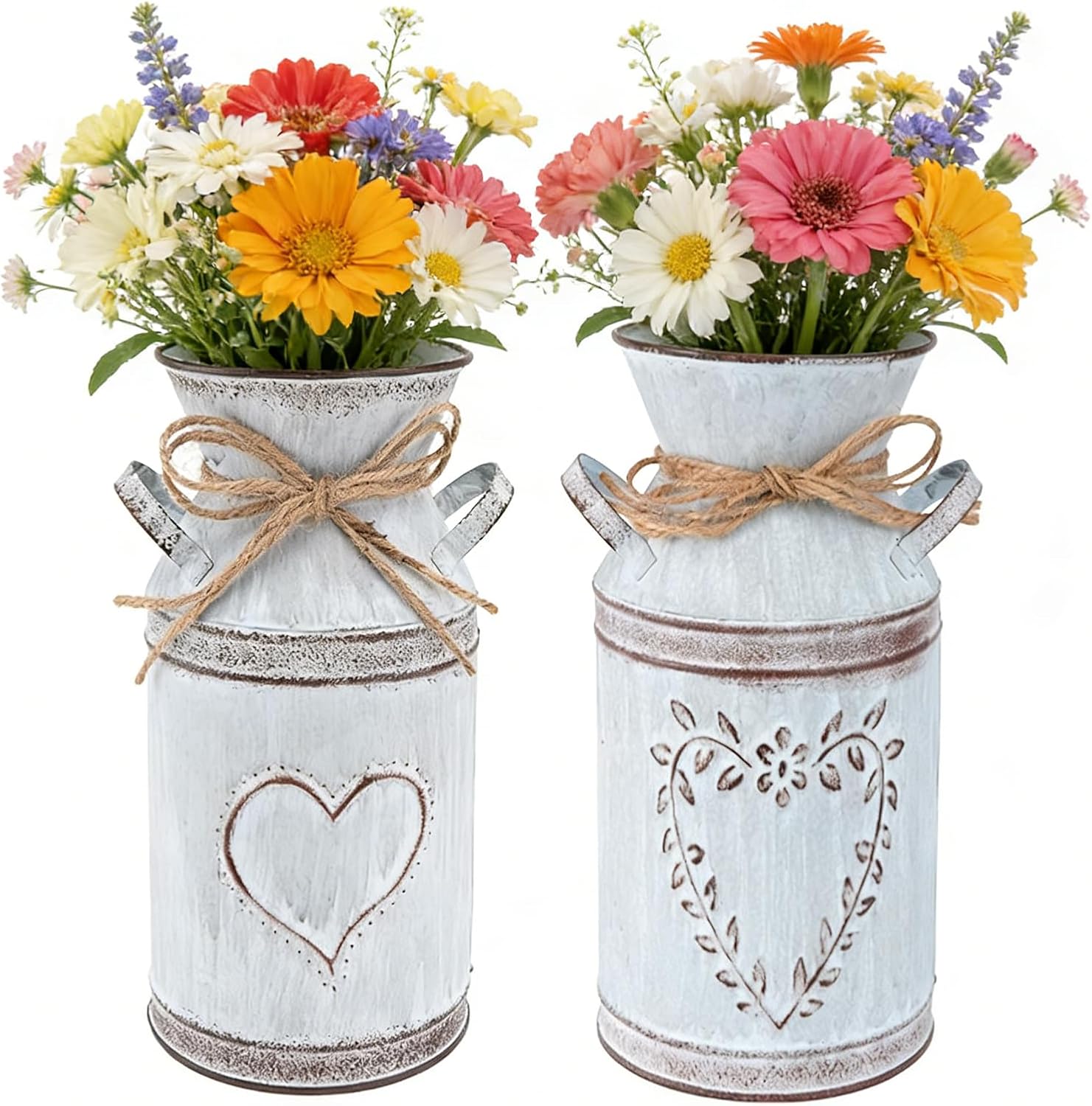2pcs Metal Flower Vase Galvanized Milk can Watering Jug, Rustic Flower Pitcher Farmhouse Vase with Heart Shaped for Home Office Garden Wedding Decor Indoor and Outdoor Table Centerpiece