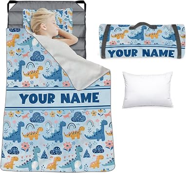 Personalized Toddler Nap Mats Custom Name Sleeping Mat for Preschool, Infant Cot Nap Mat with Pillow and Blanket, Roll-Up Daycare Slumber Bag, Blue Dinosaur Pattern for Boys Girls