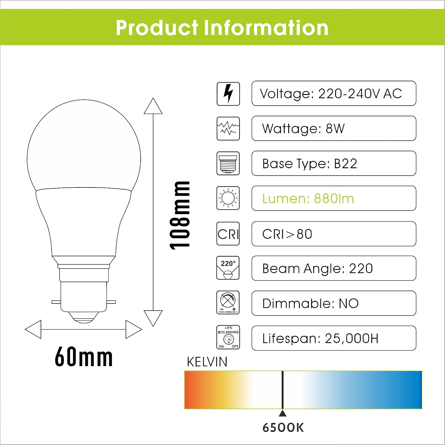 ROTTYI B22 Bayonet Light Bulbs 60W Equivalent, Cool White 6500K Daylight Bulbs, 8W 880LM LED Bulb - Image 3