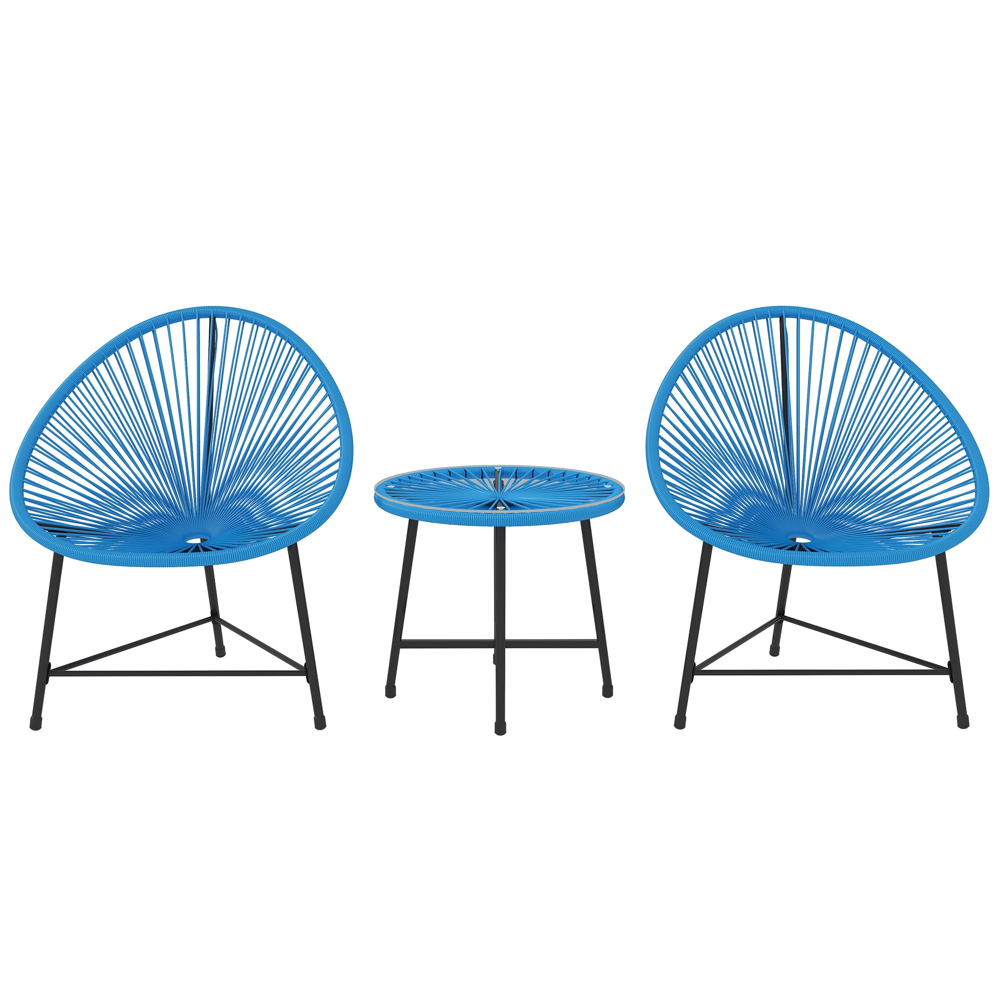 Outsunny Set de Exterior Jardín Mimbre 2 plazas Azul | Mesa de exterior con 2 sillas, sobre de vidrio templado, muebles de jardín para balcón terraza patio