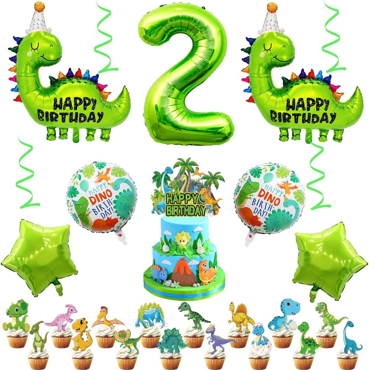 2nd Dinosaur Birthday Balloons Big Cute Dinosaur Aluminum Foil Balloon Number 2 Mylar Balloon for Dino Themed Party Boys Girls Birthday Decor - Green image 4