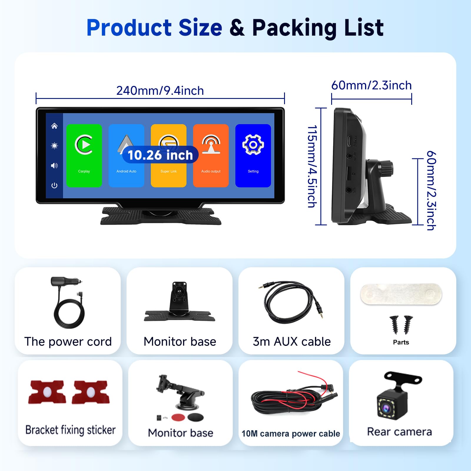 2025 Hodozzy Schermo Carplay Android Auto Senza Fili, Stereo Auto Portatile Bluetooth da 10,26 pollici con Touch Screen IPS/Youtube/Controllo Vocale/Trasmettitore AUX/TF/OTA/FM+Telecamera Posteriore