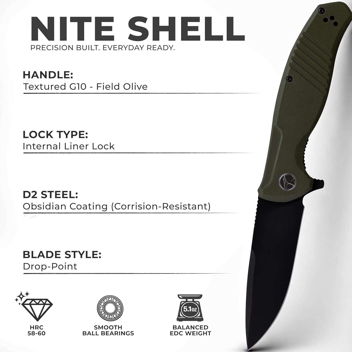 NITE SHELL Pocket Knife for Men – D2 Steel Folding Pocket Knife, EDC Pocket Knife with G10 Handle & Pocket Clip – Tactical Everyday Carry Knife with Case