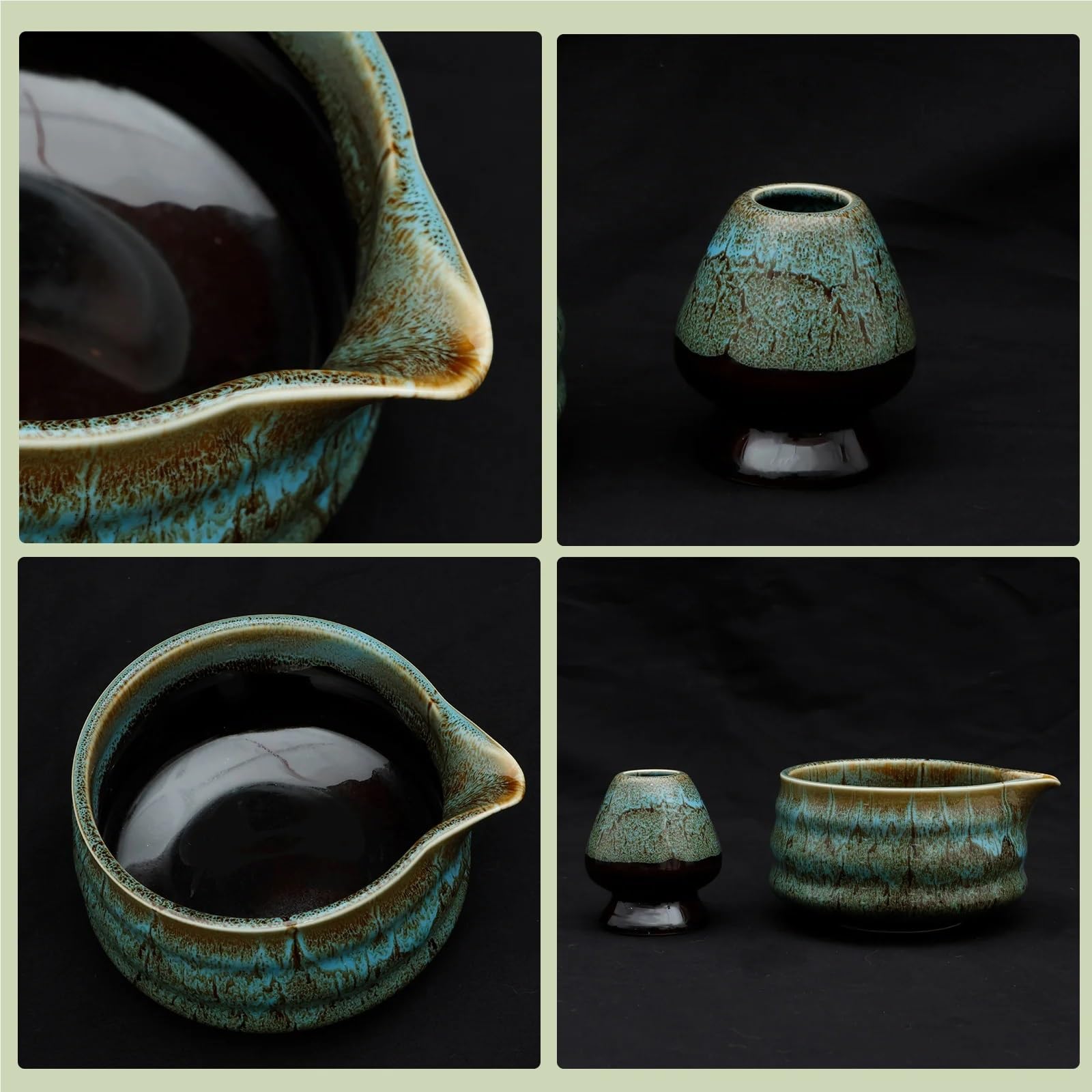 Matcha-Tee-Set Keramik-Matcha-Schüssel Und Schneebesen-Set, Robust, Elegant, Leicht Zu Reinigen, Matcha-Rührschüssel-Set, Hitzebeständig, Tee-Set(Kiln turns blue)