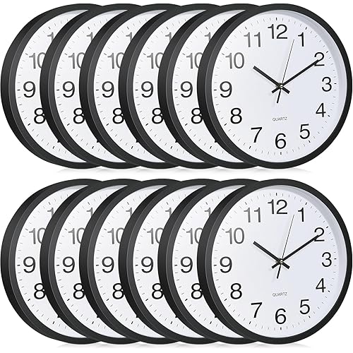 Inbagi 12 Pieces Silent Wall Clock Large 12 Inches Quartz Analog Clock Non Ticking Round Easy to Read Battery Operated for Classroom Office School Kitchen Bedroom Living Room Decorative