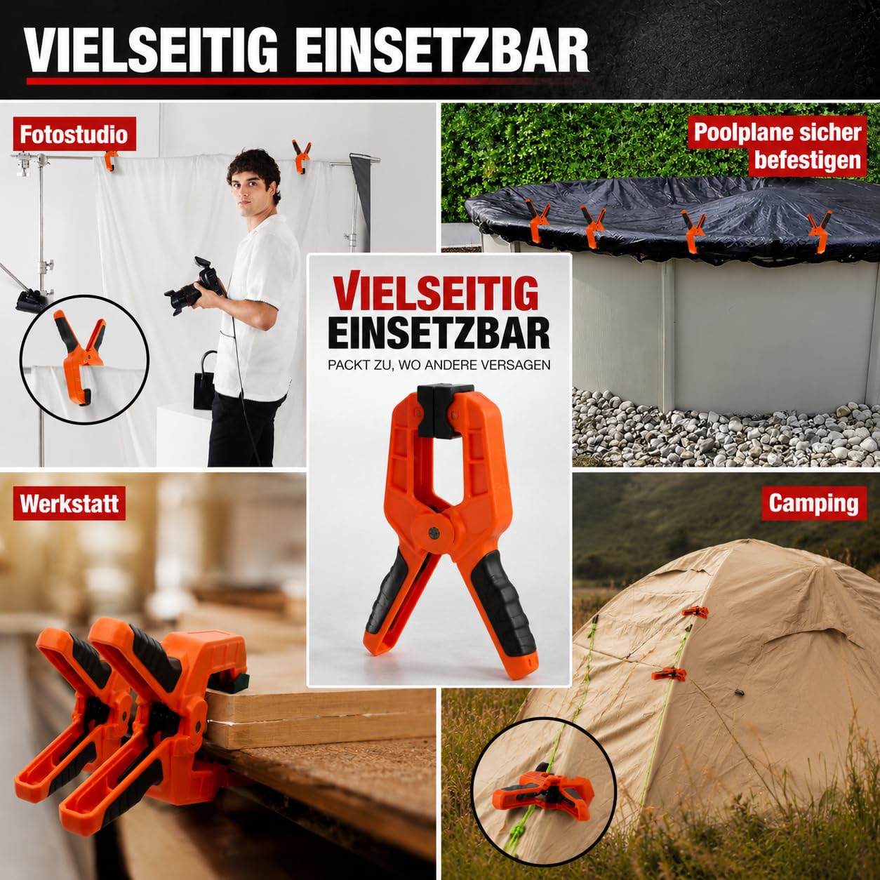 ExpertenWerk Klemmzwingen 10er Set für DIY, Werkstatt, Pool & Fotografie – extra starke Federklemmen mit 8 cm Spannweite & 15,4 kg Spannkraft – rostgeschützte Hochleistungsfeder – Designed in Germany