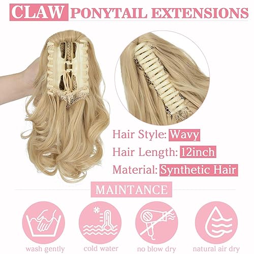Miniatura 3 de Extensión de cola de caballo de 12 pulgadas con clip de garra corta y rizada, cola de caballo rubia, cola de caballo falsa instantánea, ondulada,