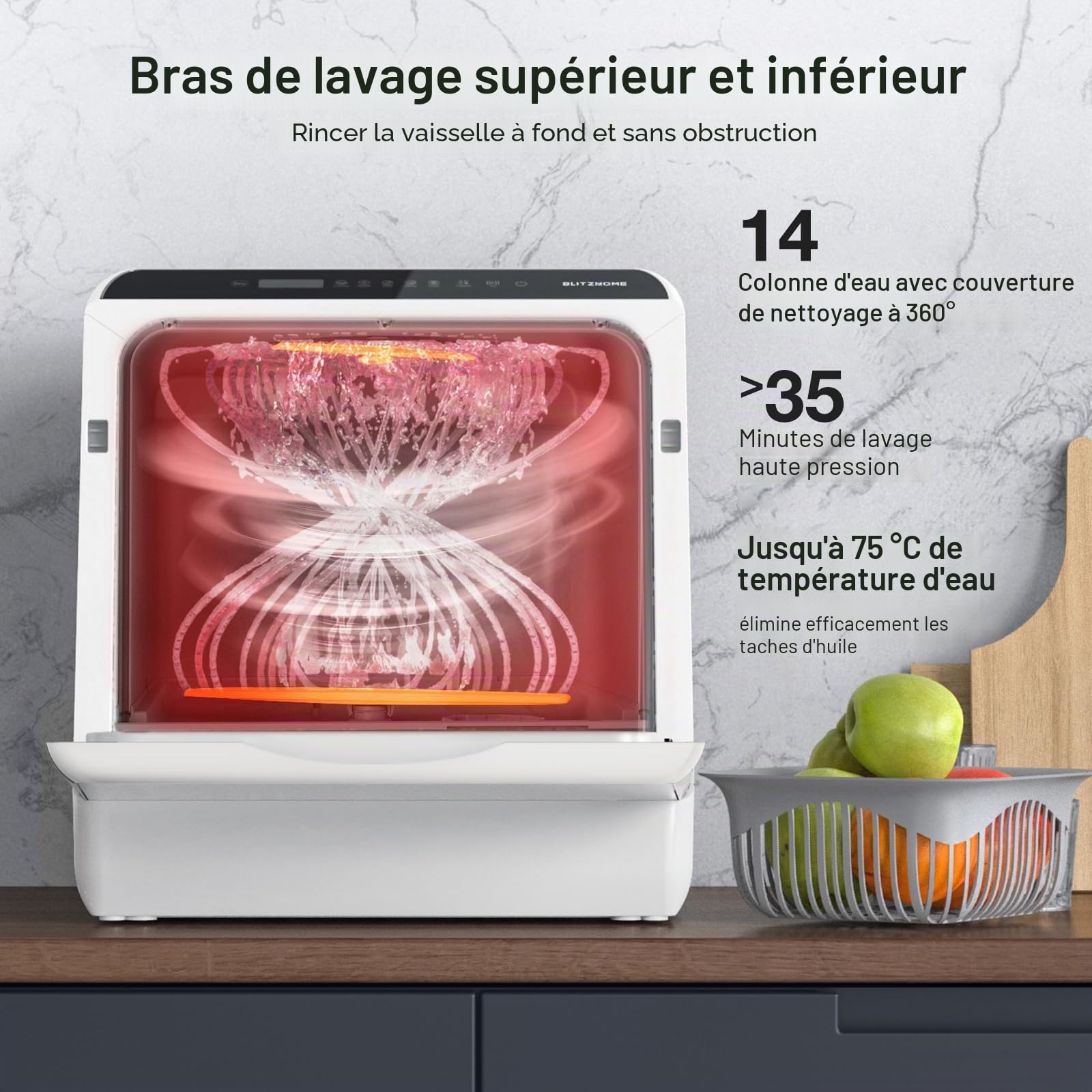 Mini lave-vaisselle BLITZHOME, contrôle par application, 6 programmes, lave-vaisselle de table intelligent et portable avec réservoir d'eau de 5L, utilisable avec ou sans raccordement à l'eau, séchage