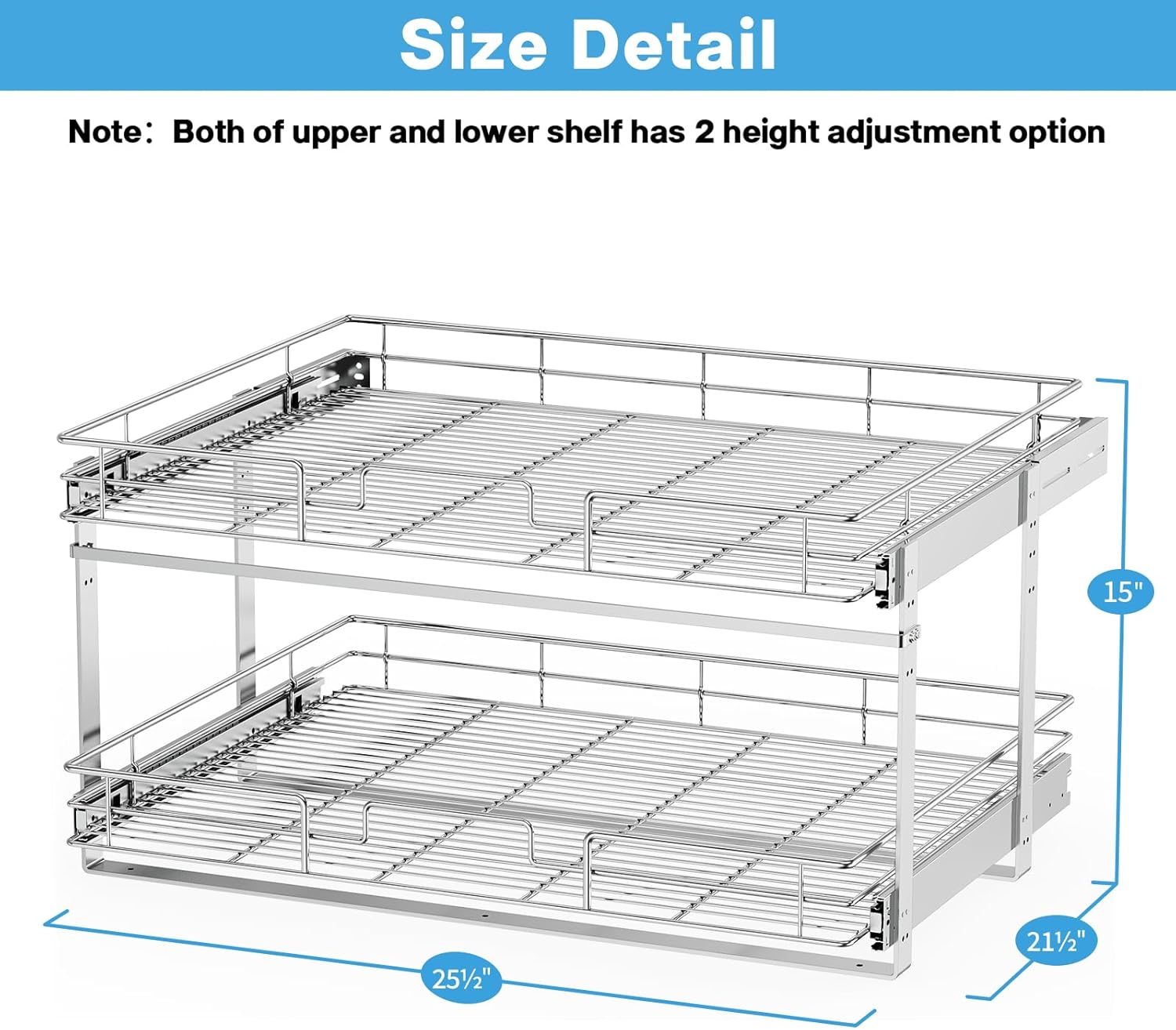 LOVMOR Individual Pull Out Cabinet Organizer, 2 Tier Slide Out Cabinet Drawers, Pots and Pans Organizer and Storage Pantry Shelf for Kitchen (25½" W x 21½" D)
