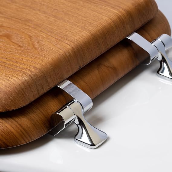 Mayfair Natural Oak Veneer Toilet Seat with Chrome Hinges, Elongated, Wood