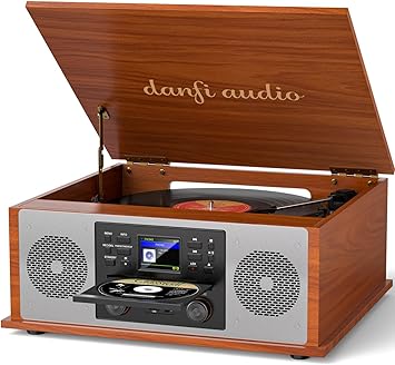 10 in 1 Record Player Multimedia with Speakers, CD Player, Bluetooth Receiver, Internet Radio, USB Recording, 3-Speed Turntable, Alarm Clock, Sleep Timer, RCA Line Out, Red Wood Music Center