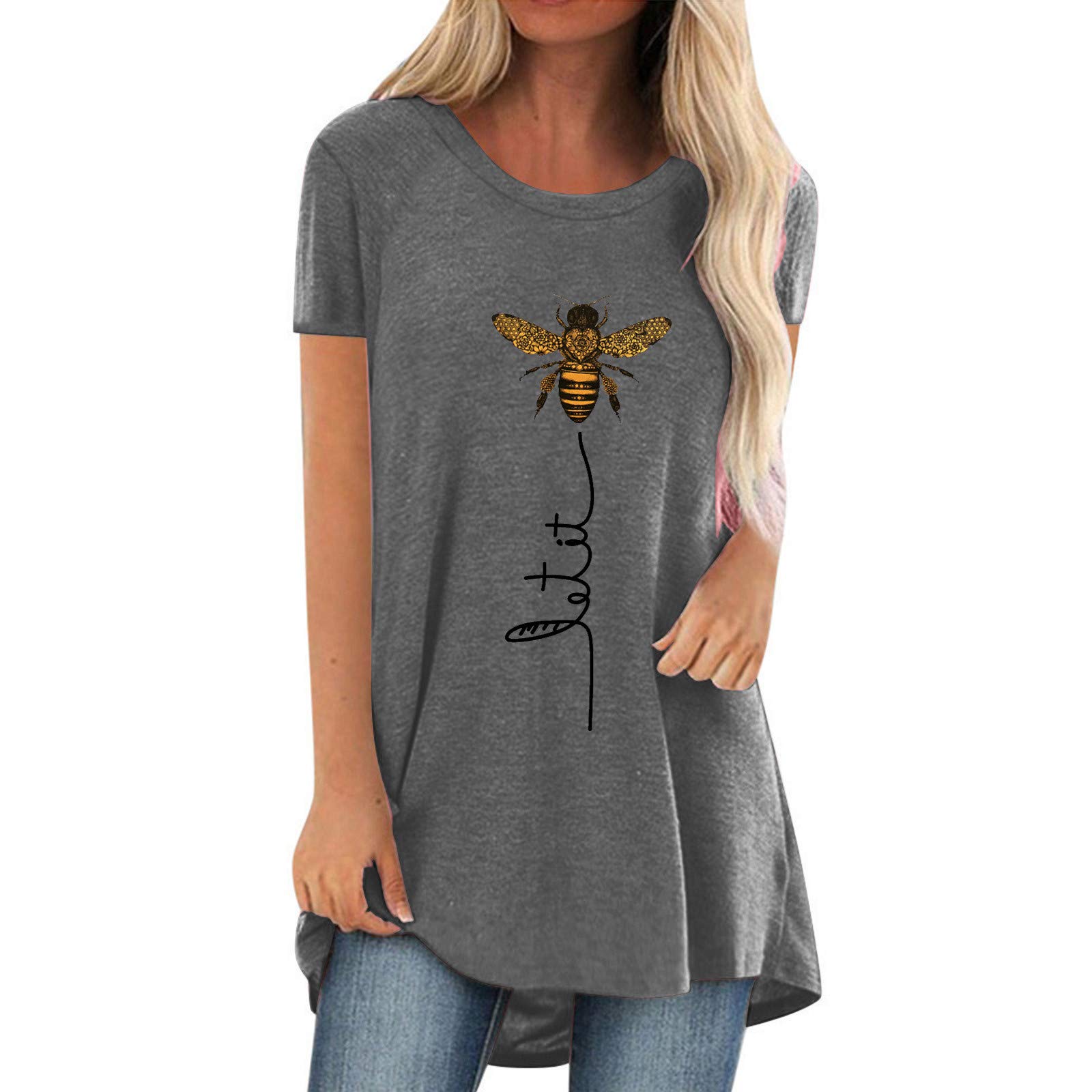 FUNEYWomens Short Sleeve Tunic Tops Casual Plus Size Swing Blouse Shirt Graphic Tee Bee Workout Loose Fit Summer Tshirt