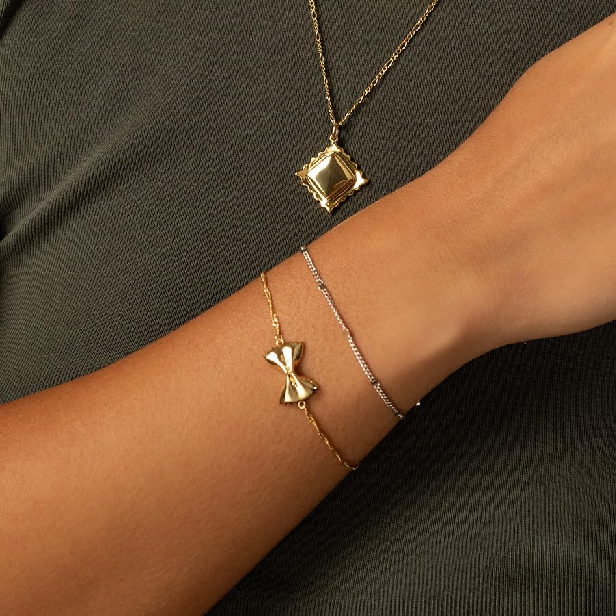 Image of Wanderlust + Co Bow Tie Pasta Bracelet 14K Gold /Rhodium Plated Jewelry Hypoallergenic Shower-safe