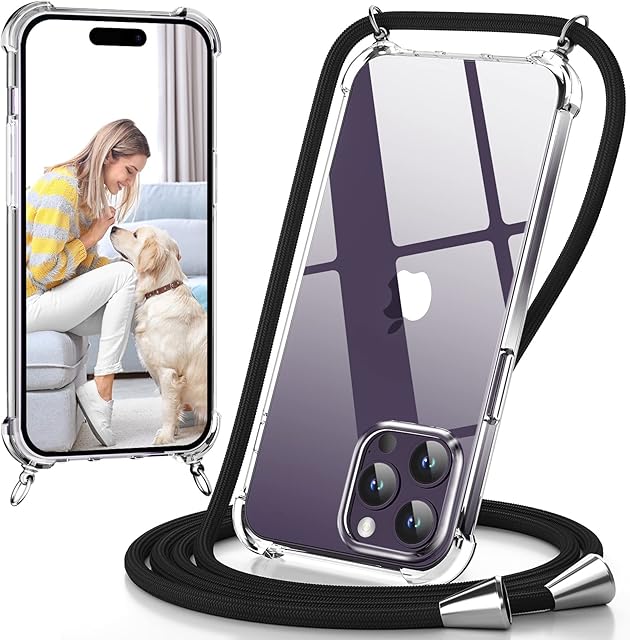 caslord Crossbody Case for iPhone 14 Pro Max,Transparent Soft TPU Lanyard Case with Adjustable Neck Cord Lanyard Strap,Neck Strap Case Compatible with iPhone 14 Pro Max,Black