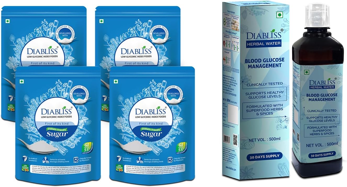 DiablissDiabetic Friendly Herbal Cane Sugar 500g Pouch Pack of 4 + Herbal Water to Manage Blood Glucose for Diabetics & Prediabetics