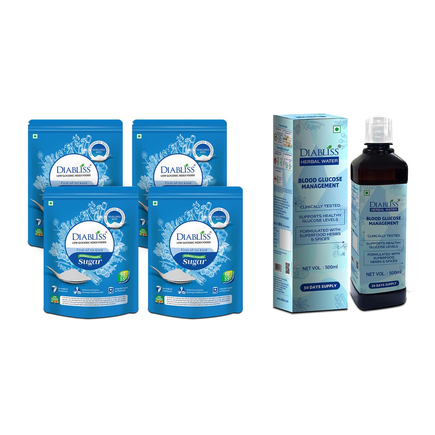 DiablissDiabetic Friendly Herbal Cane Sugar 500g Pouch Pack of 4 + Herbal Water to Manage Blood Glucose for Diabetics & Prediabetics