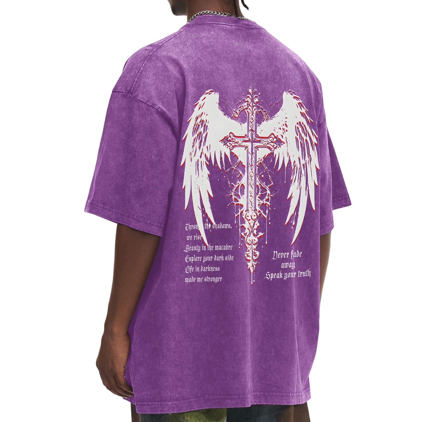 Vintage Goth Punk Shirts for Men Grunge Streetwear Oversized Tshirts Gothic Cross Y2k Graphic Tees Acid Wash T Shirt: Purple Small