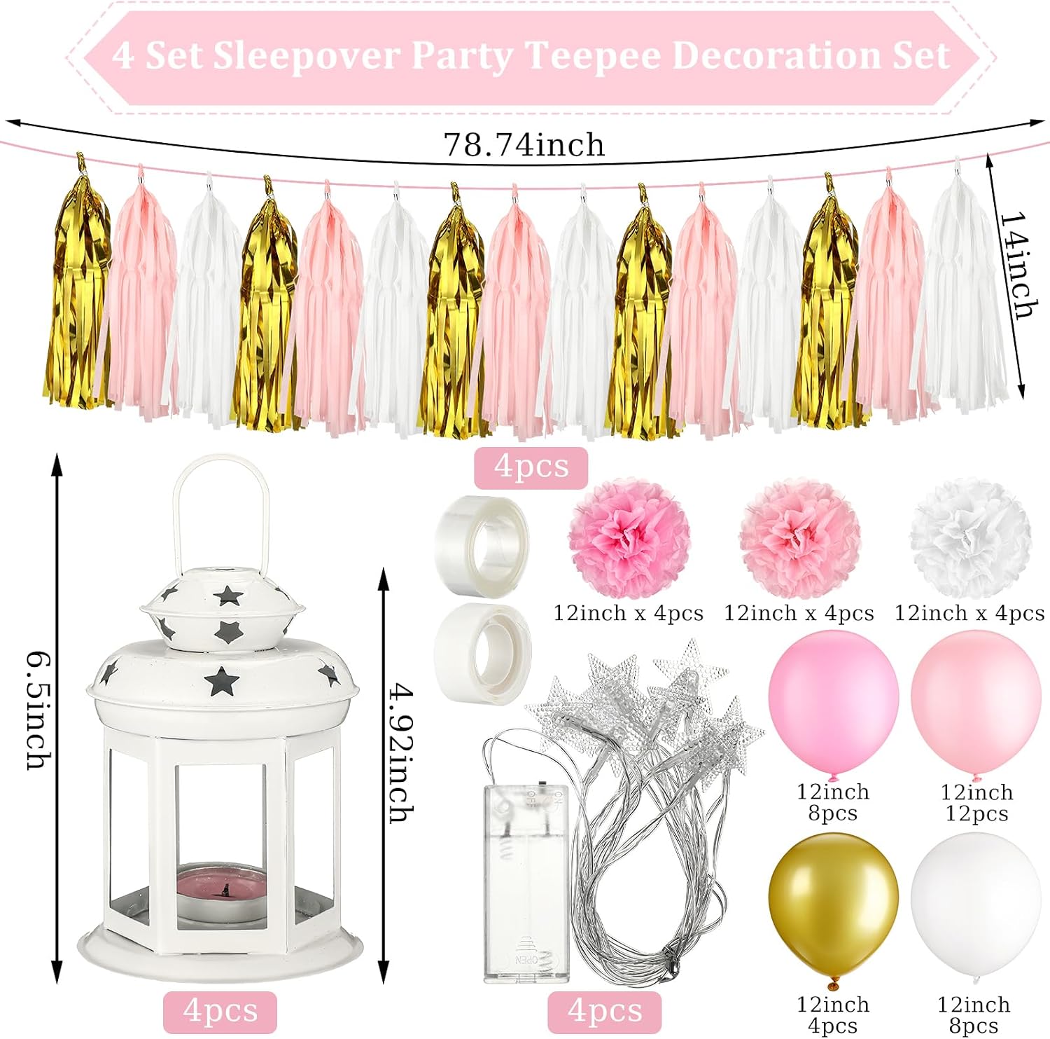 4 Set Sleepover Party Teepee Decoration Set Pajama Party Tent Decorate Tissue Paper Pom Latex Balloons Star LED Light Paper Tassels Garland Banner Decorative Candle Lantern Wedding