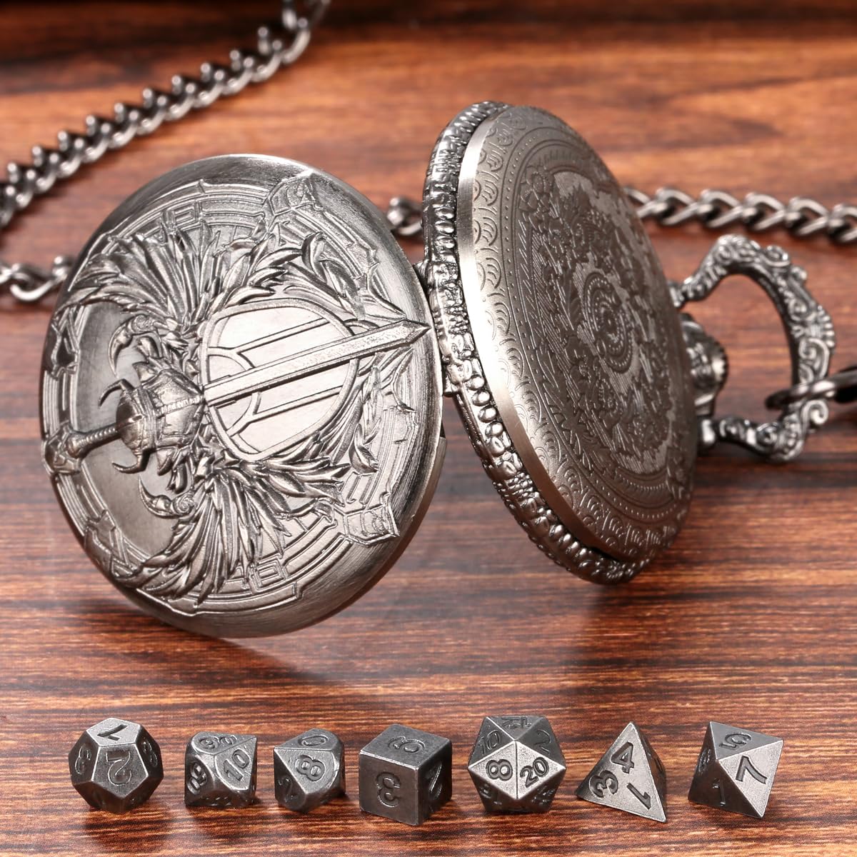 Mini DND Dice Set including Steampunk Paladin Pocket Watch Shell Case, DND Starter Set, 7pcs Polyhedral Mini Metal Dice Set - Image 4