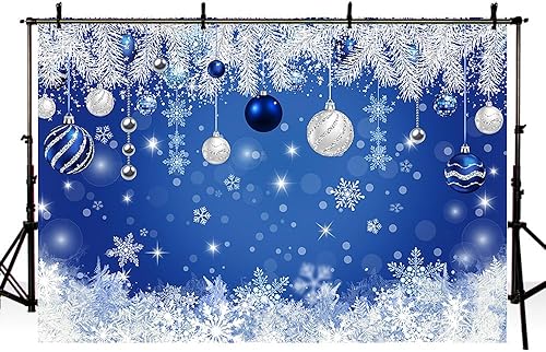 Miniatura 4 de AIBIIN Telón de fondo de Navidad de invierno de 7 x 5 pies para fotografía, campana azul plateada con purpurina, copo de nieve, aguja de pino