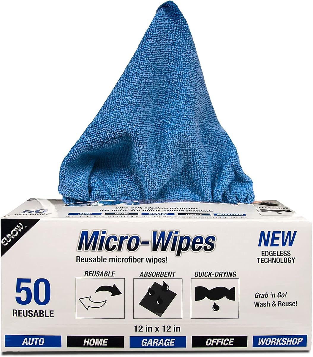 200GSM Microfiber Cleaning and Drying Cloths with Dispenser Box, Reusable, Streak-Free, Scratch-Free, Ultra Absorbent, Edgeless for All Surface Types, 12x12in, 50-Pack, Blue