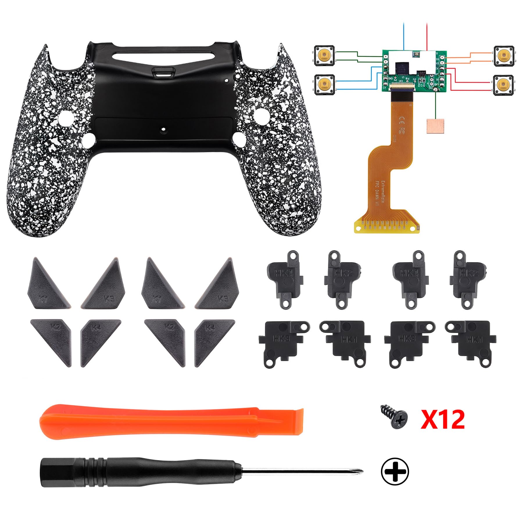eXtremeRate Kit di riparazione programmabile bianco strutturato per controller ps4 con piastra di aggiornamento e guscio posteriore ridisegnato e 4 pulsanti posteriori - Compatibile con JDM-040/050