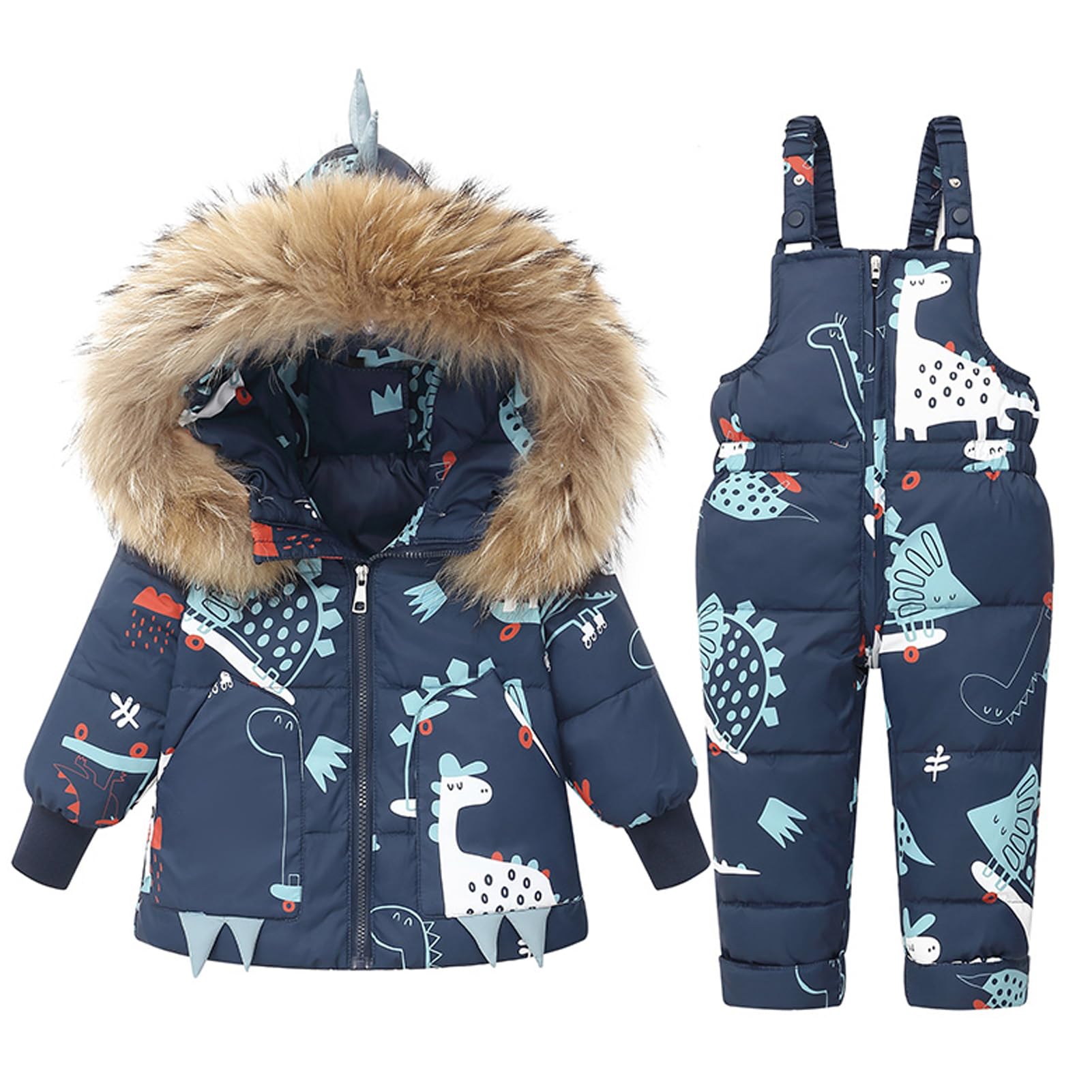 BRONG Kinder Schneeanzug Winter 2-Teilig Outfit Satz, Kleinkind Kapuze Daunenjacke und Schnee Lätzchen Hose Dinosaurier Karikatur Skianzug Satz