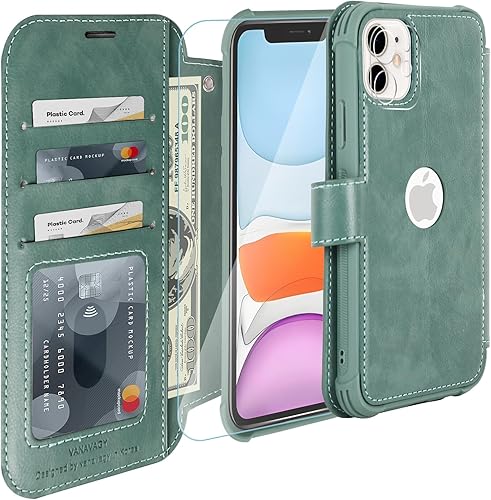 Miniatura 6 de VANAVAGY Funda tipo cartera compatible con iPhone 11 para mujeres y hombres, funda de piel con tapa RFID con soporte para muñeca, carga inalámbrica