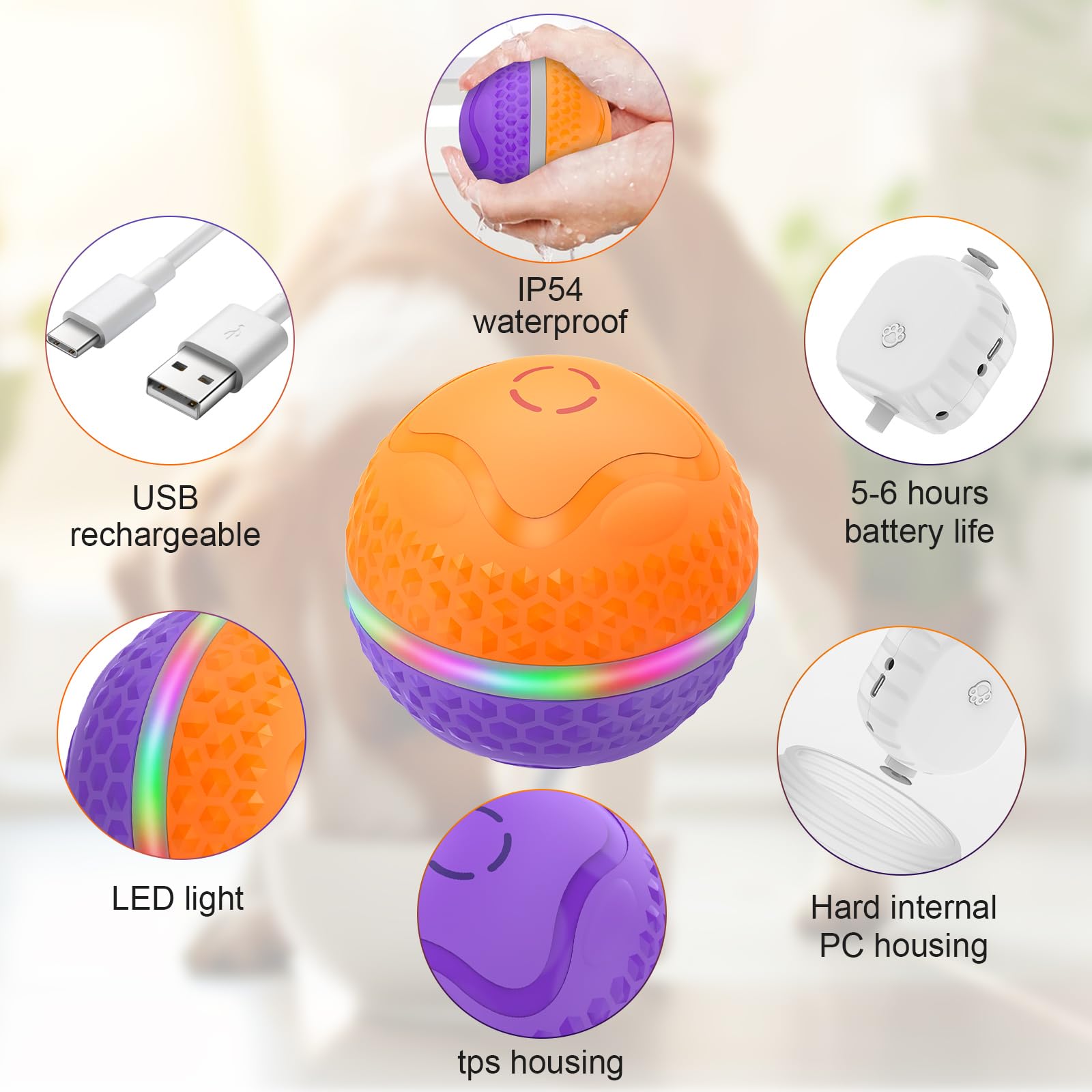Balle interactive pour chien, jouet à rouler automatique, balle animée pour chiens de taille moyenne/grande pour soulager l'ennui, balles pour chien à mouvement automatique activé avec flash LED